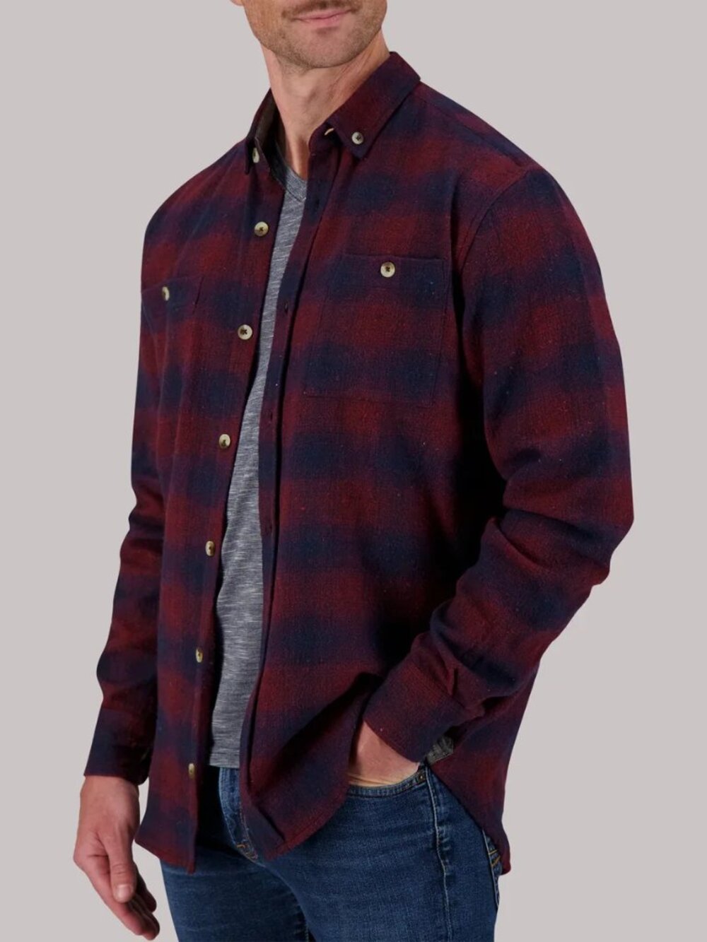 Report Collection Burgundy & Navy Plaid Recycled Flannel Overshirt